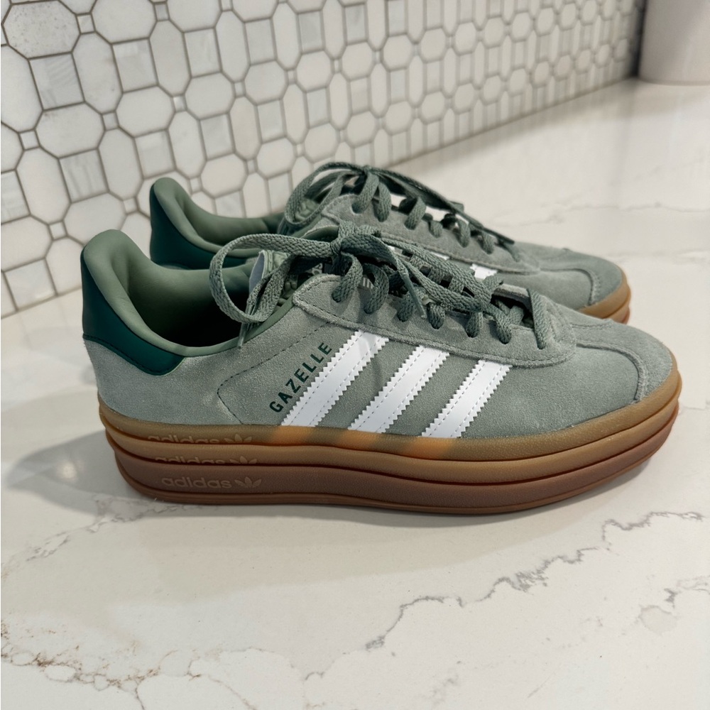 adidas Gazelle Sage Green with White Stripes and Gum Sole - Picture 3 of 6